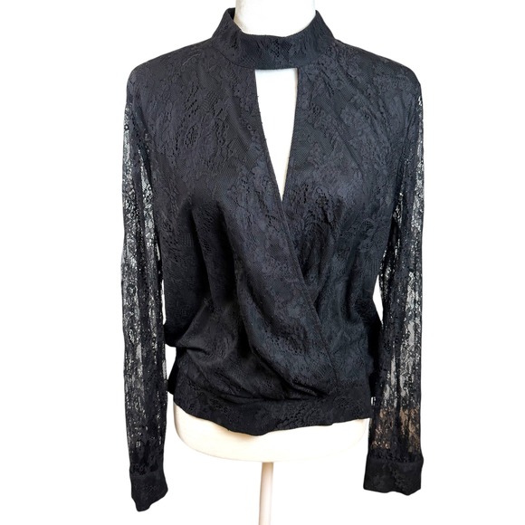 Bebe Women's Blouse XL Black Lace Long Sleeve Wrap Surplice Top Choker Neck - Picture 1 of 13